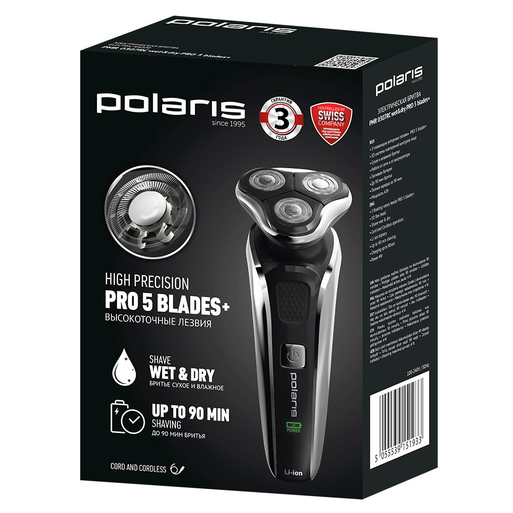 Бритва роторная Polaris PMR 0307RС wet&dry PRO 5 blades+ реж.эл.:3 питан.:аккум. черный/хром