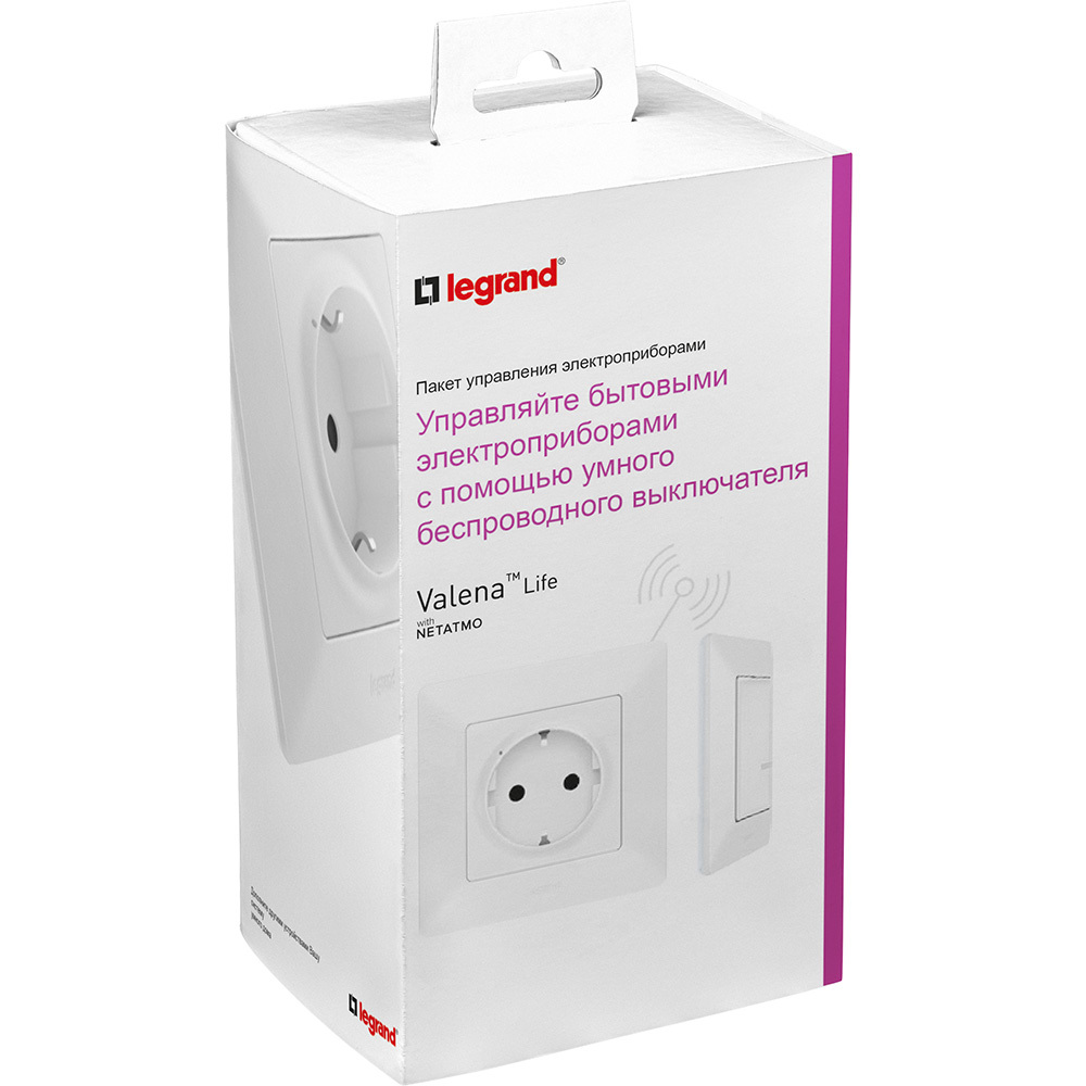 Умная розетка Legrand с дистанционным управлением серия Valena Life with NETATMO, Цвет Белый. Готовое решение для управления бытовыми электроприборами. Состоит: Умная розетка с заземлением, 16А, 230В + Умный беспроводной 1-клавишный выключатель. Рамки в комплекте.¶