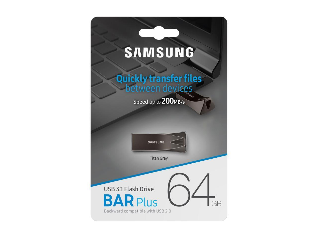 Внешний накопитель 64GB Samsung BAR Plus USB Flash MUF-64BE4 USB 3.1,300MB/s, Dark Grey, RTL (MUF-64BE4/AM) (265889) {200}