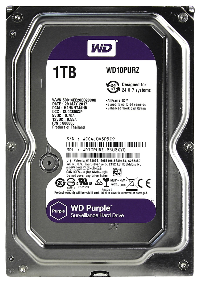 Жесткий диск 1TB WD Purple WD10PURZ Serial ATA III, 5400- rpm,64Mb, 3.5"