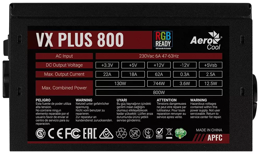 Блок питания Aerocool VX PLUS 800 (ATX 2.3, 800W, 120mm fan) Box