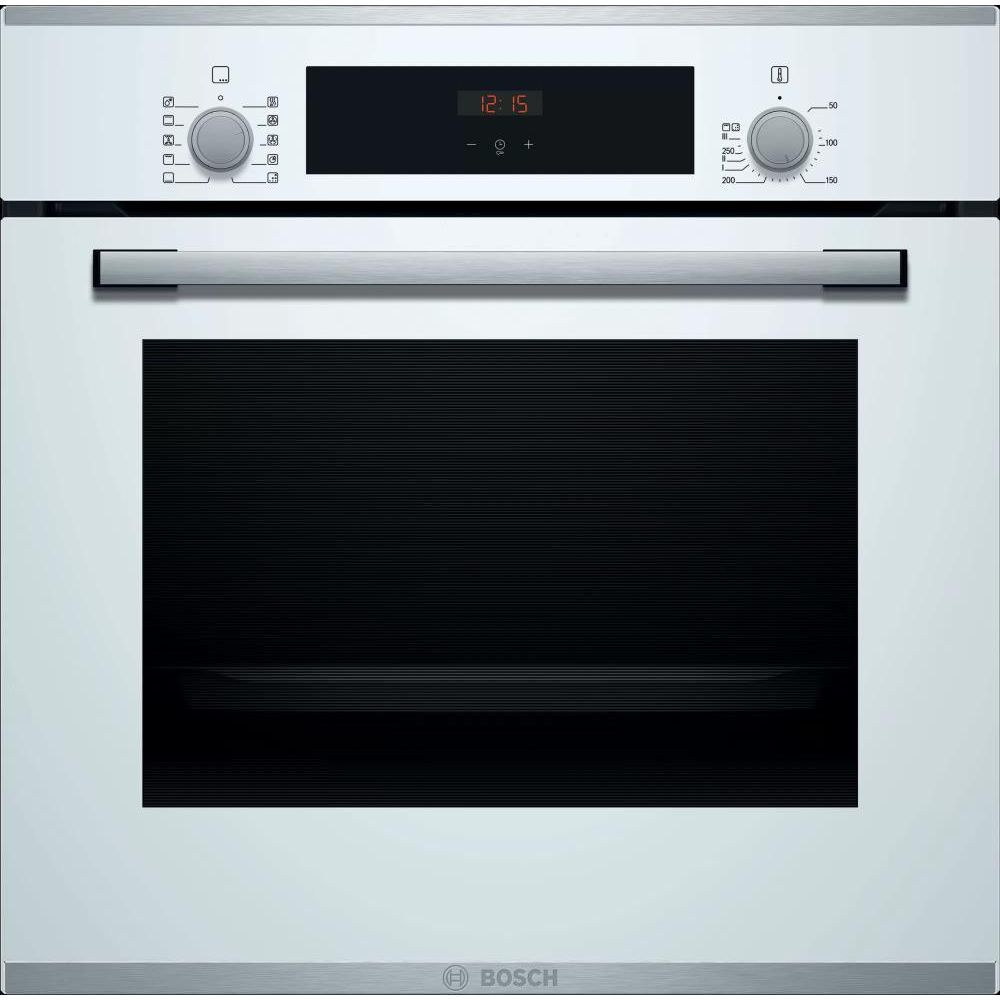 Электрический духовой шкаф Bosch Serie 4 HBF254EW0R [66 л, каталит., гриль, конв., сенсор, утапл. ручки, ст.-3, дисплей, белый, серебристый]