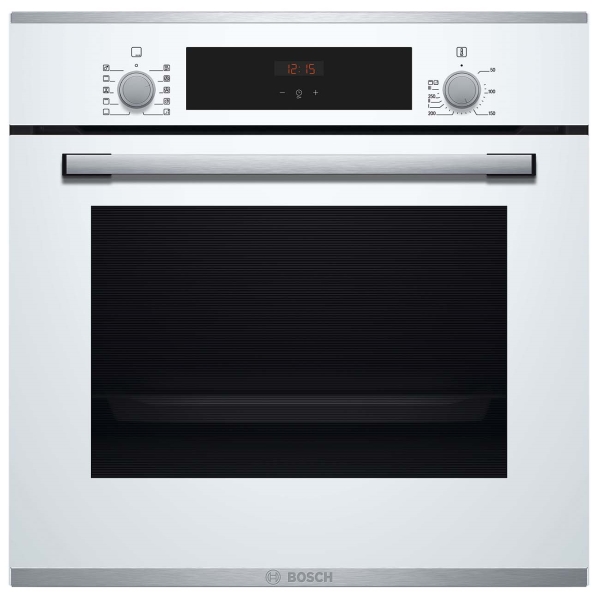 Электрический духовой шкаф Bosch Serie 4 HBF254EW0R [66 л, каталит., гриль, конв., сенсор, утапл. ручки, ст.-3, дисплей, белый, серебристый]
