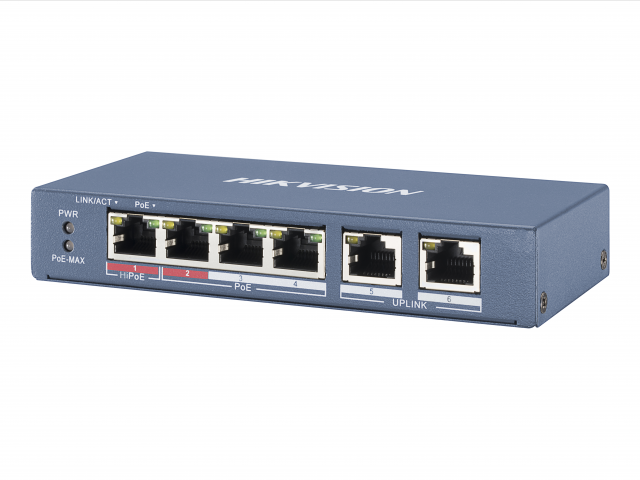 Коммутатор Hikvision DS-3E0106HP-E 4x100Mb 2PoE+ 60W неуправляемый