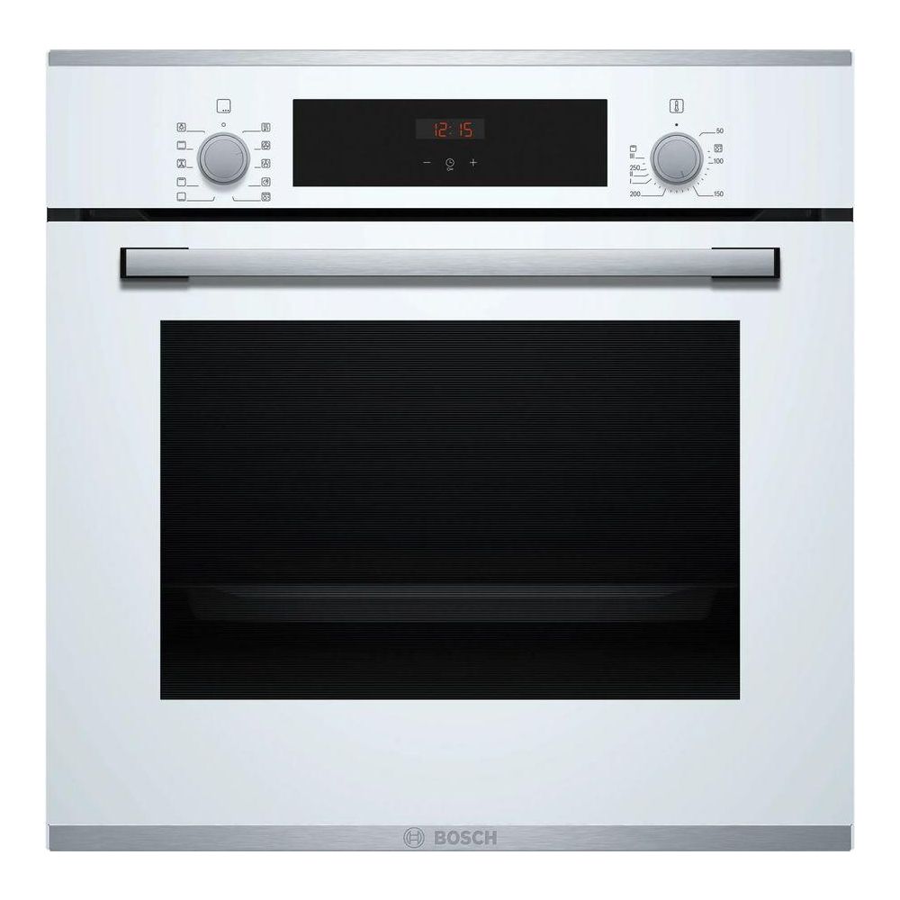 Электрический духовой шкаф Bosch Serie 4 HBF214BW0R [66 л, эм. легкой оч., гриль, конв., сенсор, утапл. ручки, ст.-3, дисплей, белый, серебристый]