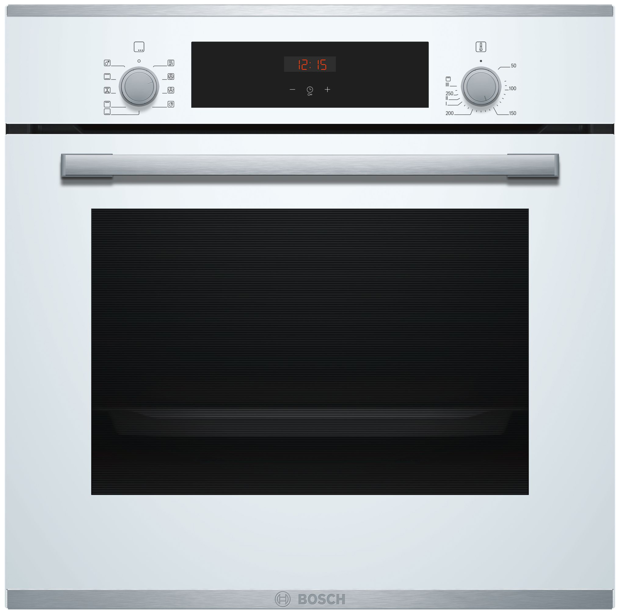 Электрический духовой шкаф Bosch Serie 4 HBF214BW0R [66 л, эм. легкой оч., гриль, конв., сенсор, утапл. ручки, ст.-3, дисплей, белый, серебристый]