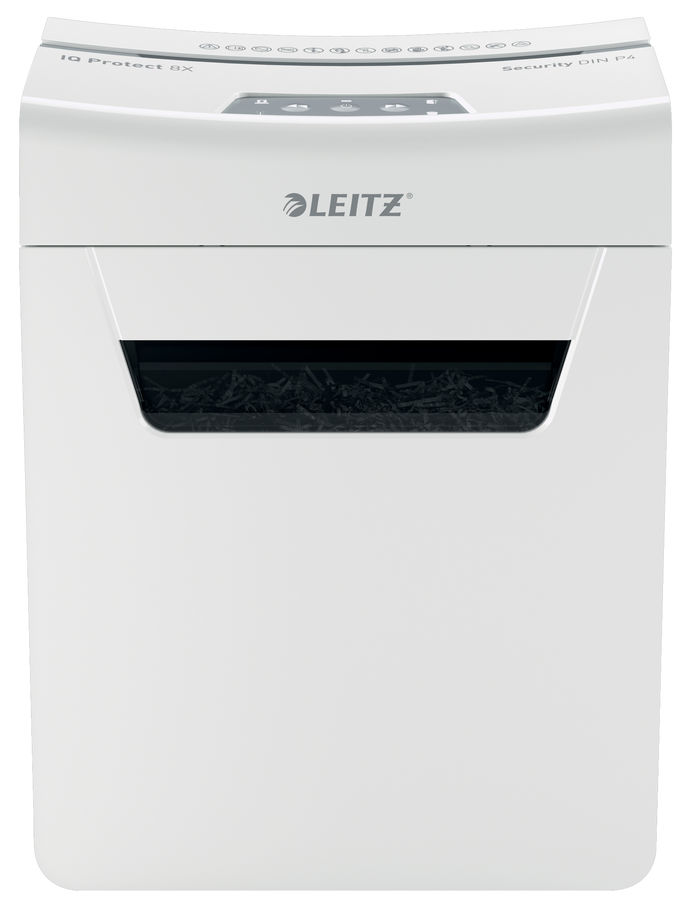 Шредер Leitz IQ Protect Premium 8X белый (секр.P-4) фрагменты 8лист. 14лтр. скрепки скобы