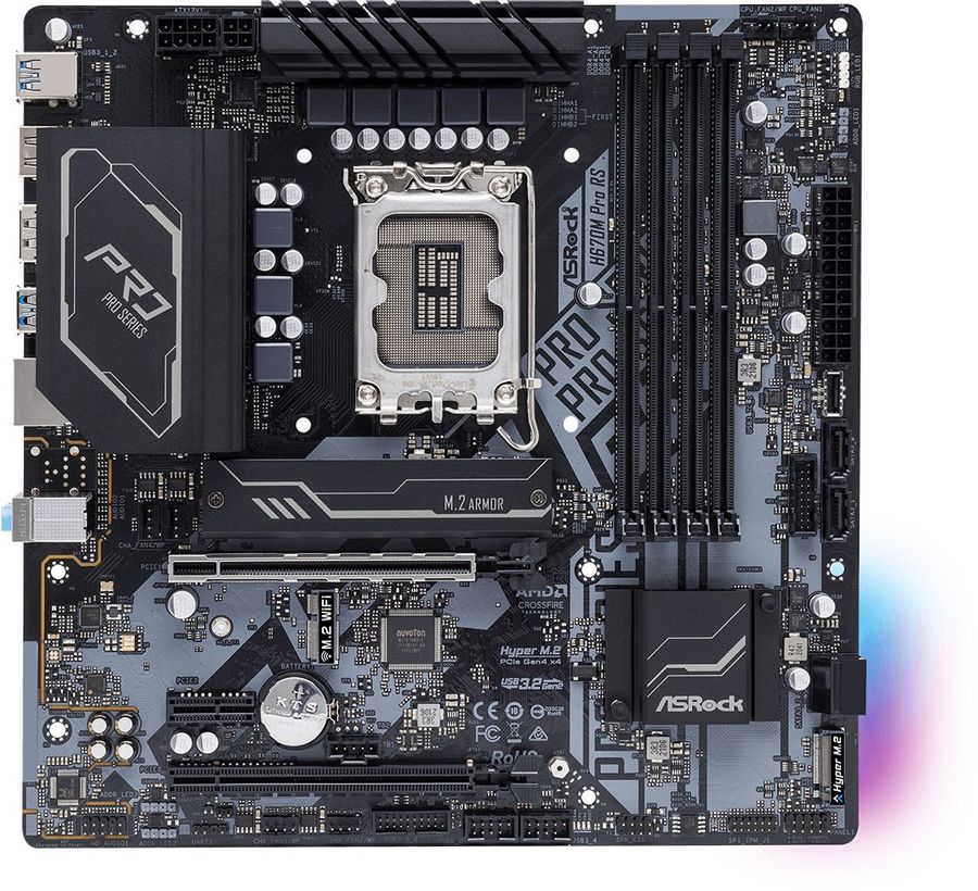 Плата ASRock LGA1700 H670 H670M PRO RS 4xDDR4 2xPCI-Ex16 DP/HDMI SATA3 2xM2 USB3.2 Gen2 Type-C mATX