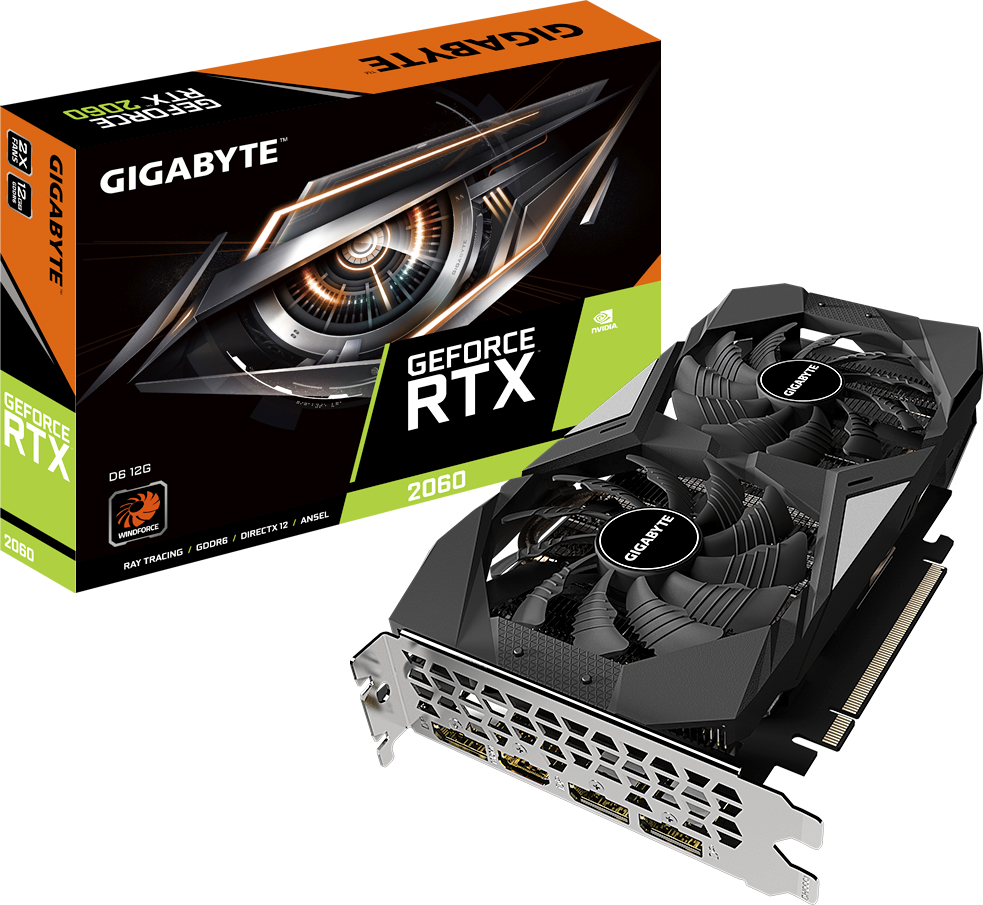 Видеокарта GIGABYTE NVIDIA GeForce RTX 2060, GV-N2060D6-12GD, 12ГБ, GDDR6, Ret