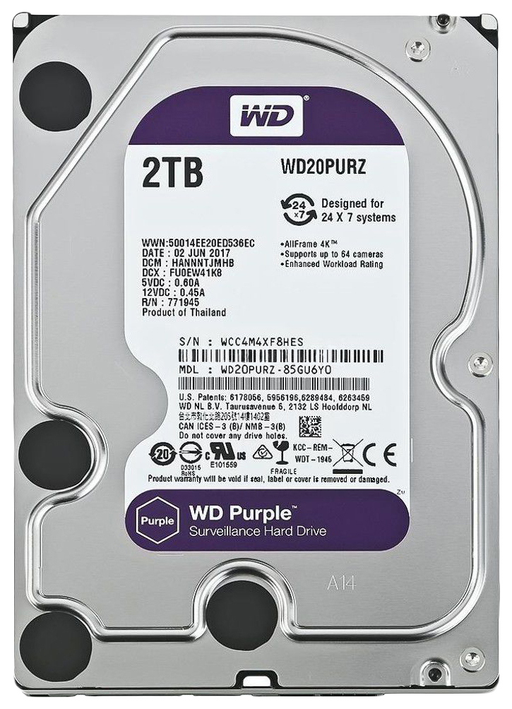 Жесткий диск HDD WD SATA3 2Tb Purple Video IntelliPower 64Mb