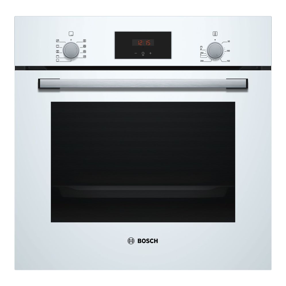 Электрический духовой шкаф BOSCH HBF114EW0R [66 л, гриль, конв., утапл. ручки, дисплей, белый, серебристый, черный]