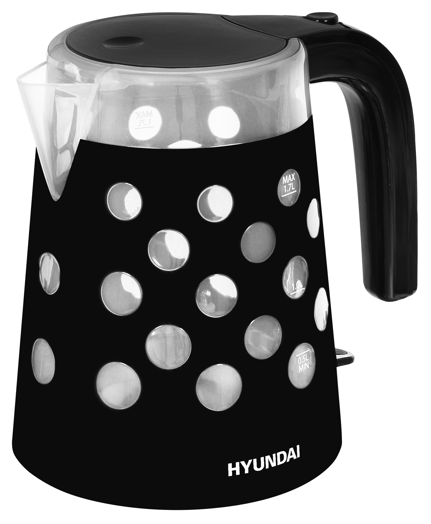 Электрочайник Hyundai HYK-G2012 [пластик, 1.7 л, 2200 Вт, фильтр, скрытый нагревательный элемент, черный, прозрачный]