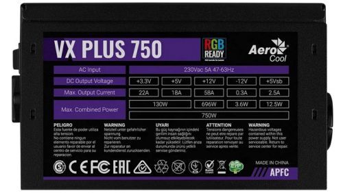 Блок питания Aerocool 750W Retail VX PLUS 750 RGB , подсветка, ATXv2.3 Haswell, fan 12cm, 500mm cable, power cord, PCIe 6+2P x2, SATA x6, PATA x3, FDD