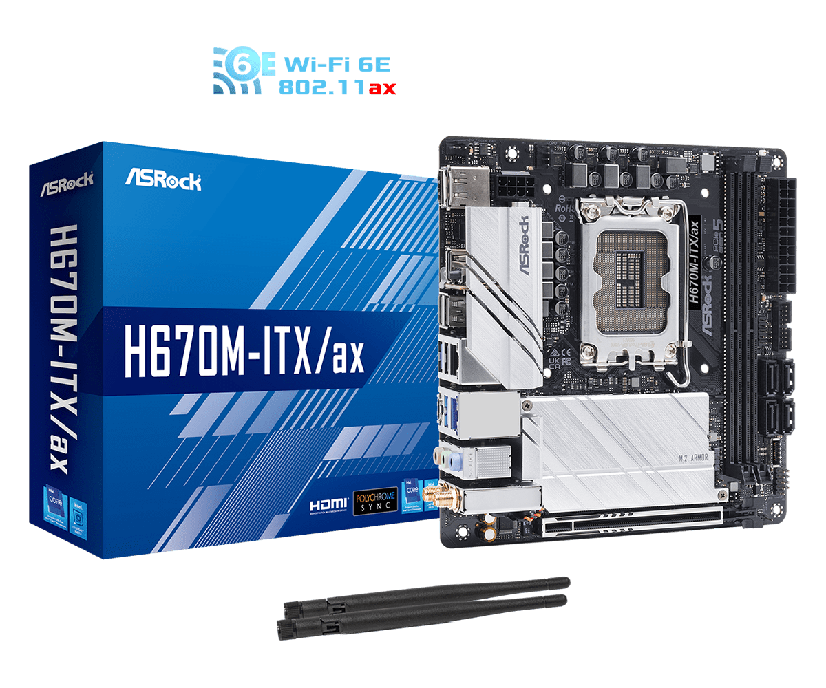 Плата ASRock LGA1700 H670 H670M-ITX/AX 2xDDR4 PCI-Ex16 DP/HDMI SATA3 2xM2 USB3.2 Gen2x2 Type-C WIFI Mini-ITX