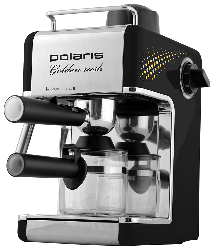 Кофеварка рожковая Polaris PCM 4006A [исп. кофе - молотый, 800 Вт, 4 Бар, 200 мл, ручной, серебристый, черный]