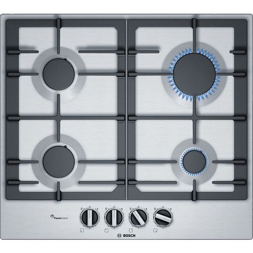 Газовая варочная поверхность Bosch Serie 6 PCP6A5B90 [нерж. сталь, конф.-4 шт, эл-поджиг., газконт., реш.-чугун, серебристый, черный]