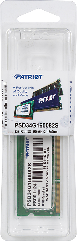 Оперативная память SO-DIMM 4 Гб DDR3 1600 МГц Patriot (PSD34G16002S) PC-12800