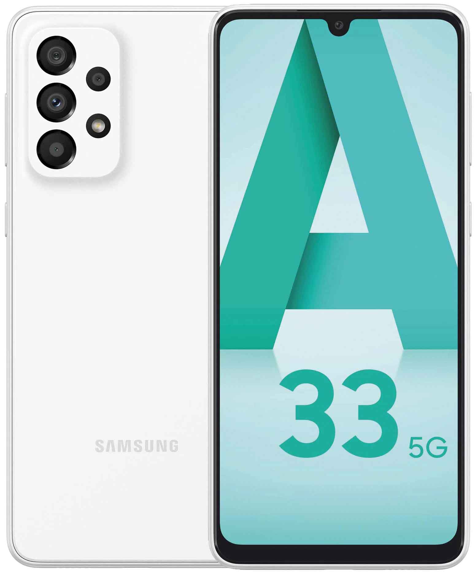 Смартфон Samsung SM-A336E Galaxy A33 5G 128Gb 8Gb белый моноблок 3G 4G 2Sim 6.4" 1080x2400 Android 12 48Mpix 802.11 a/b/g/n/ac NFC GPS GSM900/1800 GSM1900 Ptotect A-GPS microSD max1024Gb