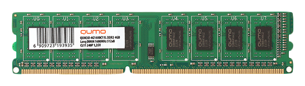 Оперативная память DIMM DDR3L 4096MB PC12800 1600MHz CL11 Qumo [QUM3U-4G1600С11L]