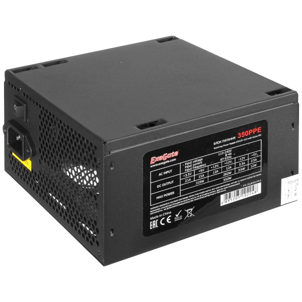 Блок питания 350W ExeGate 350PPE, ATX, black, APFC, 12cm, 24p+4p, PCI-E, 5*SATA, 3*IDE, FDD
