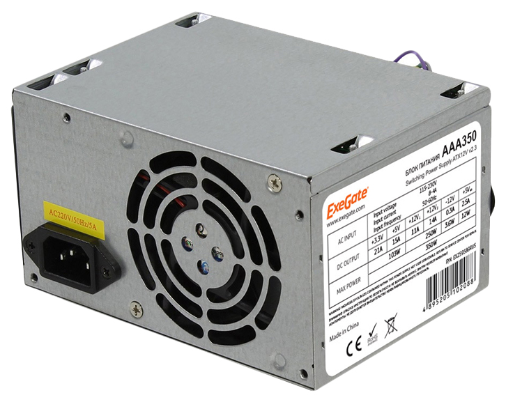 Блок питания 350W ExeGate AAA350, ATX, 8cm fan, 24p+4p, 2*SATA, 1*IDE