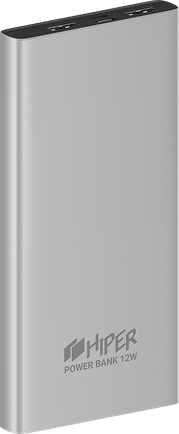 Портативный аккумулятор 10000 mAh HIPER METAL 10K Silver (12W, 2xUSB, microUSB, Li-pol, металл, сере