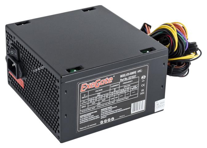Блок питания 450W ExeGate 450NPXE(+PFC), ATX, black, 12cm fan, 24p+4pi, 6/8p PCI-E, 3*SATA,2*IDE,FDD