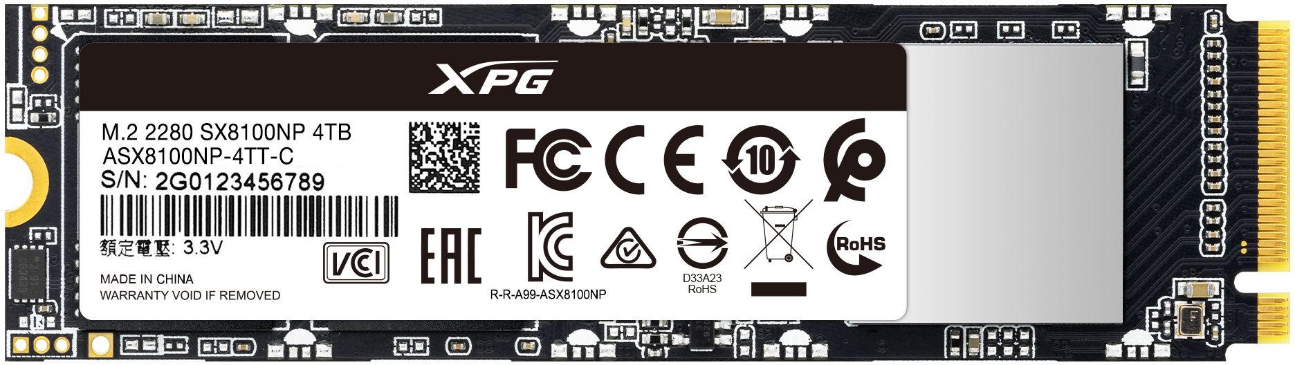 Твердотельный накопитель ADATA SX8100 SSD 4TB, 3D TLC, M.2 (2280), PCIe Gen 3.0 x4, NVMe, R3500/W1900 ASX8100NP-4TT-C