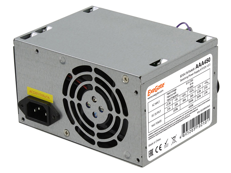 Блок питания 450W ExeGate AAA450, ATX, SC, 8cm fan, 24p+4p, 2*SATA, 1*IDE
