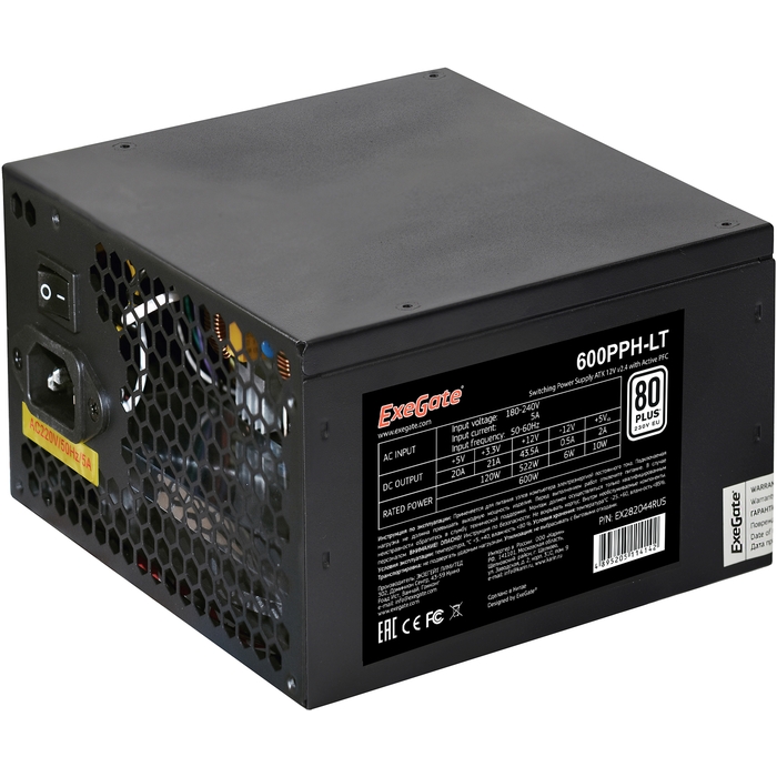 Блок питания ExeGate 80+ 600PPH-LT 600 Вт [ATX vATX 12V 2.4, APFC, 120 x 120 мм][EX282044RUS-OEM]