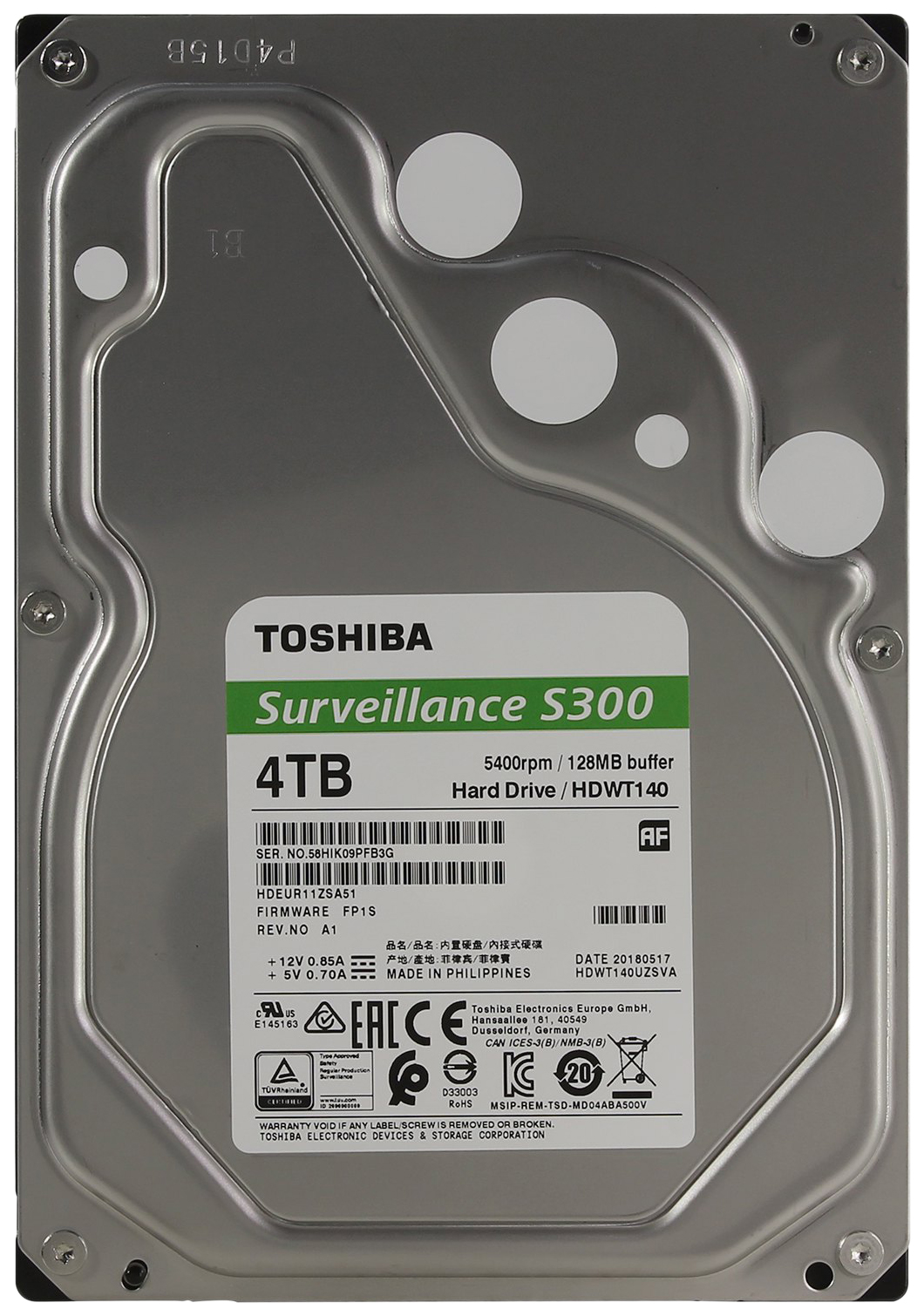 Жесткий диск Toshiba SATA-III 4Tb HDWT140UZSVA Surveillance S300 (5400rpm) 128Mb 3.5"