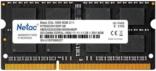 Память DDR3L 8Gb 1600MHz Netac NTBSD3N16SP-08 Basic RTL PC3-12800 CL11 SO-DIMM 260-pin 1.35В
