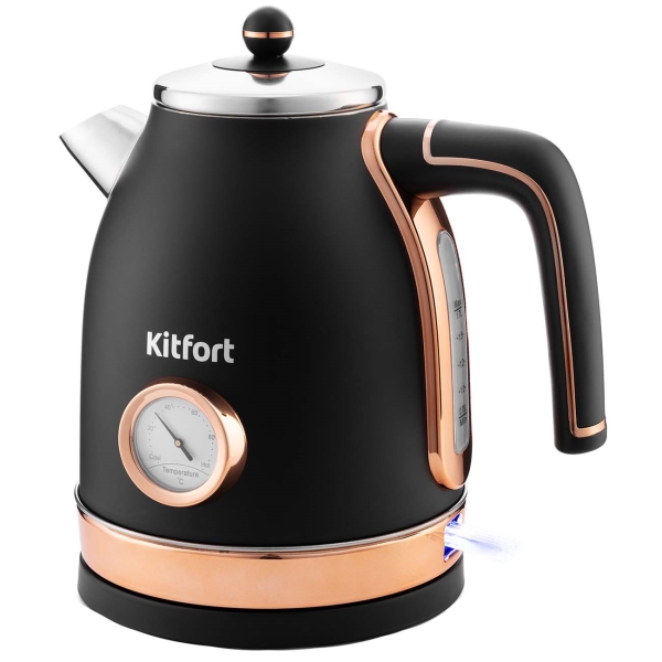 Электрочайник Kitfort KT-6102-2 [нержавеющая сталь, пластик, 1.7 л, 2150 Вт, фильтр, скрытый нагревательный элемент, черный, золотистый]