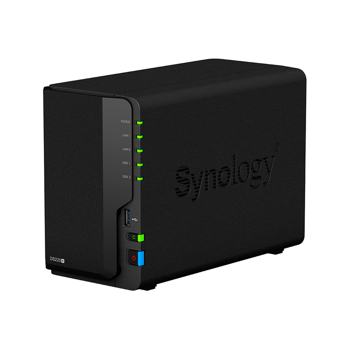 Synology DS220+ Сетевое хранилище DC 2,0GhzCPU/2GB(upto6)/RAID0,1/up to 2HDDs SATA(3,5' 2,5')/2xUSB3.0/2GigEth/iSCSI/2xIPcam(up to 25)/1xPS /2YW