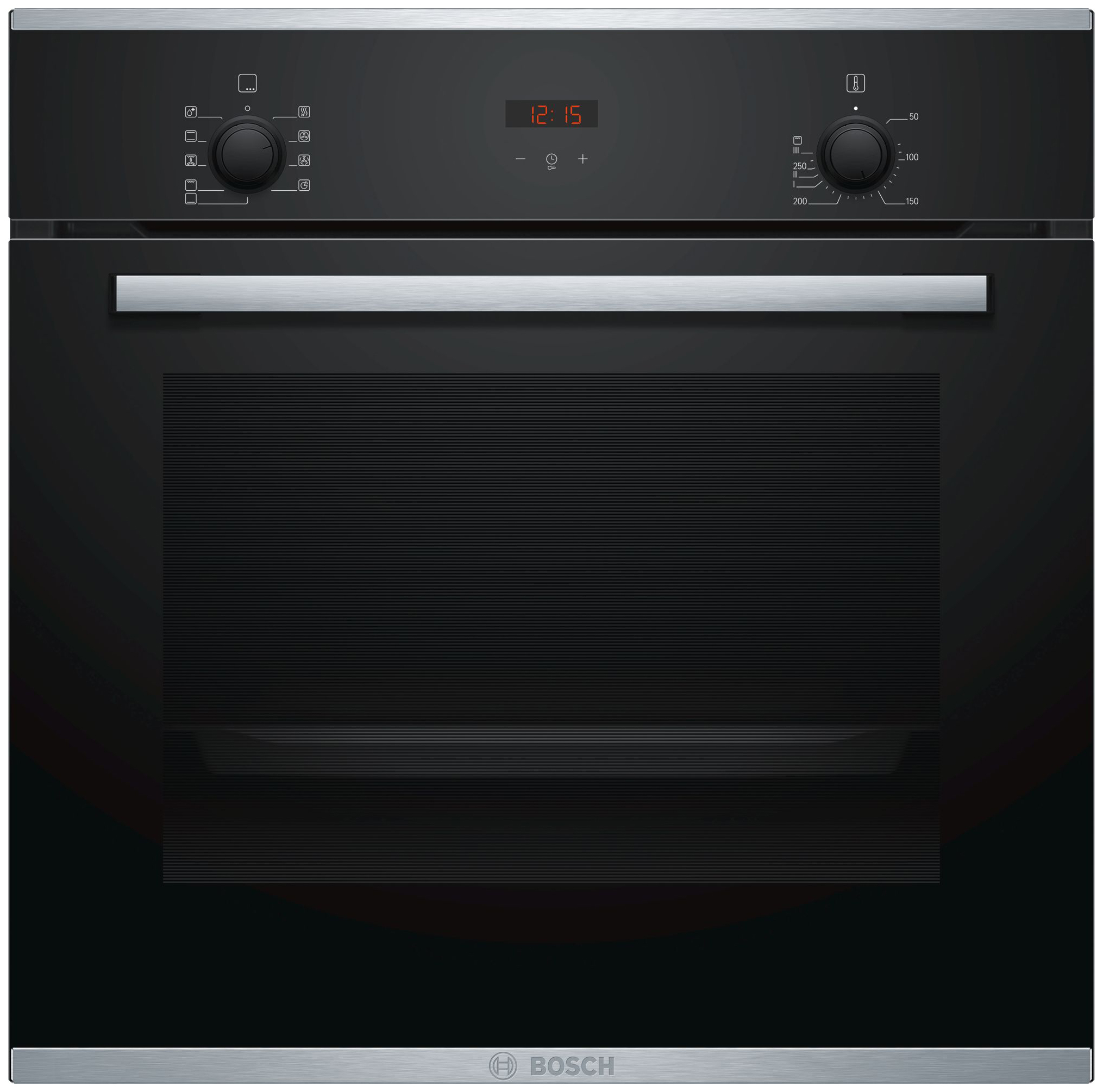 Электрический духовой шкаф Bosch Serie 4 HBF214BB0R [66 л, эм. легкой оч., каталит., гриль, конв., сенсор, утапл. ручки, ст.-3, дисплей, черный, сереб