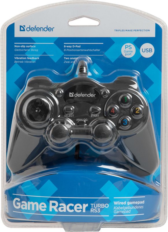 Проводной геймпад Defender Game Racer Turbo RS3 USB-PS2/3, 12 кнопок, 2 стика  (64251)