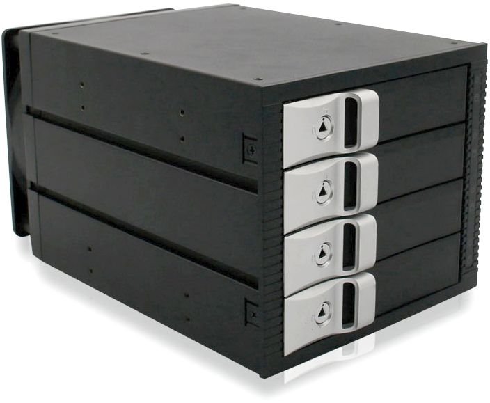 Корзина ExeGate HS435-01 [EX264645RUS] в 3x5.25" на 4x3.5", HotSwap, SATA/SAS, сталь + пластик, с замком, черный