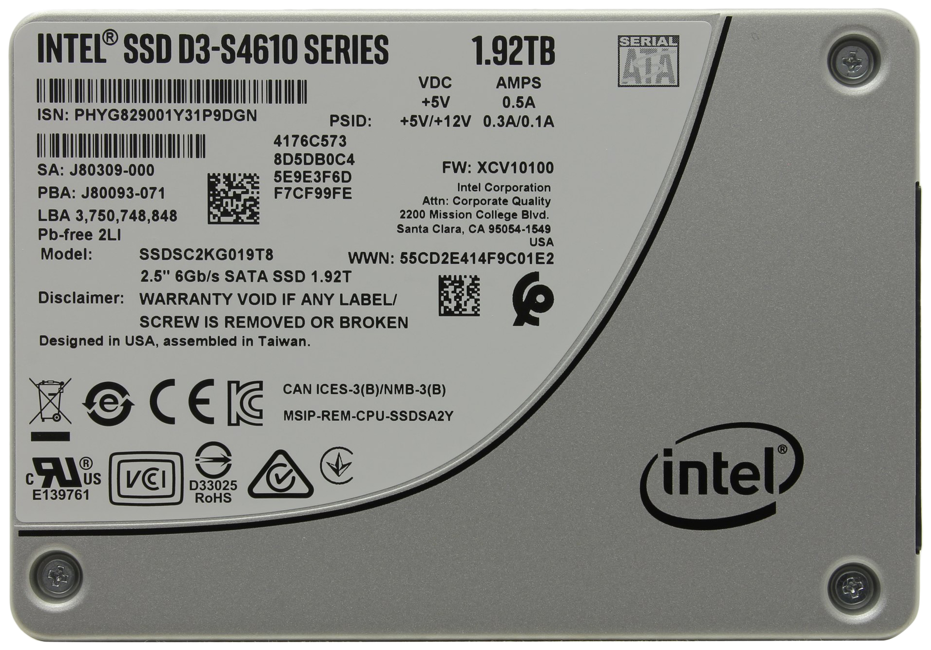 Твердотельный накопитель Intel SSD D3-S4610 Series (1.9TB, 2.5in SATA 6Gb/s, 3D2, TLC), 963348