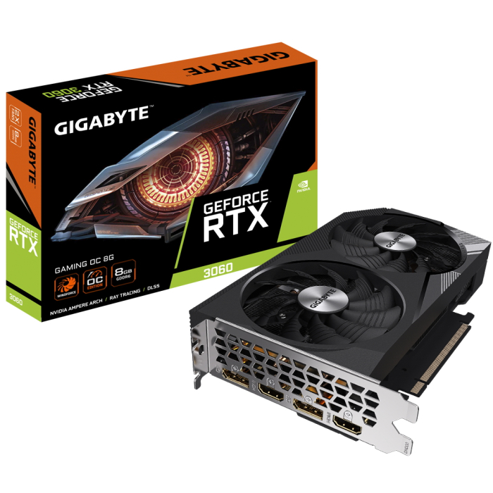 Видеокарта GV-N3060GAMING OC-8GD Gigabyte GeForce RTX 3060 GAMING OC 8G (GeForce RTX 3060, 8ГБ GDDR6, 2xHDMI, 2xDP) (PCI-E) (ret)