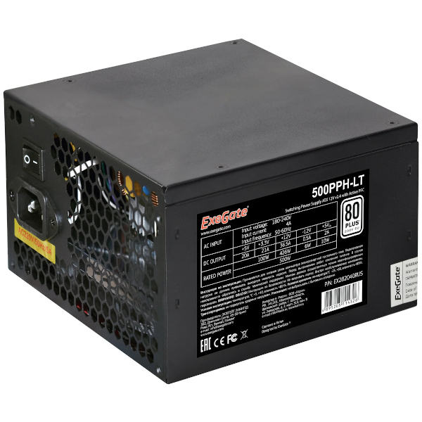 Блок питания 500W ExeGate 500PPH-LT OEM, ATX, black, 80+, APFC, 12cm, 24p, (4+4)p, 5*SATA, 3*IDE,