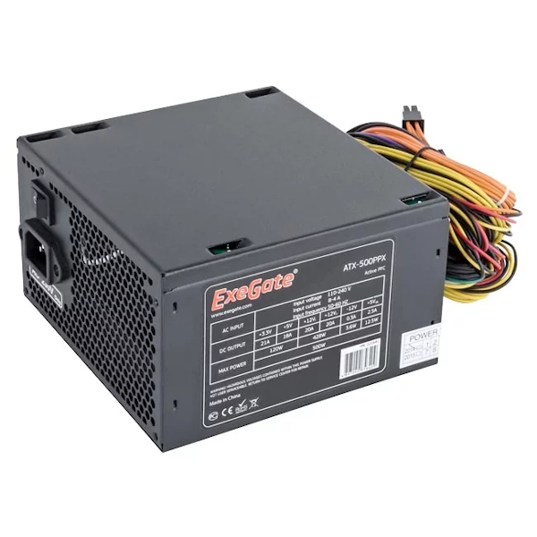 Блок питания 500W ExeGate 500PPX RTL, ATX, black, APFC, 14cm, 24p+(4+4)p PCI-E,4*IDE,5*SATA, FDD