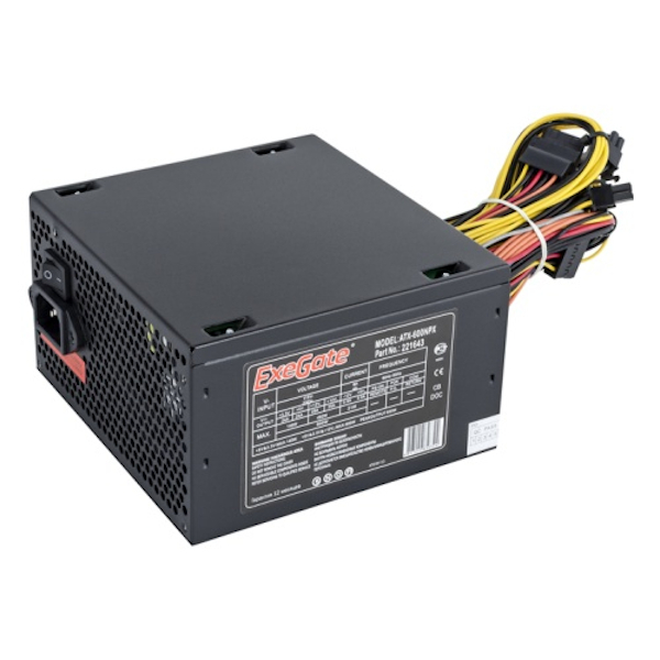 Блок питания 600W ExeGate 600NPX, ATX, black, 12cm fan, 24p+4p, 6/8p PCI-E, 3*SATA, 2*IDE, FDD