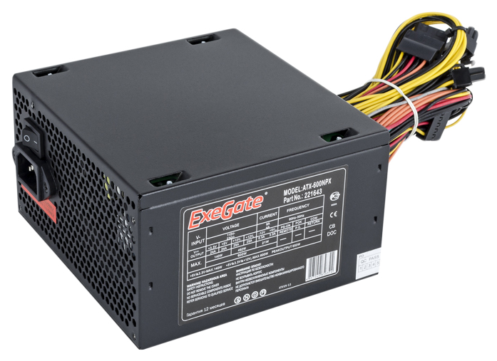 Блок питания 600W ExeGate 600NPX, ATX, black, 12cm fan, 24p+4p, 6/8p PCI-E, 3*SATA, 2*IDE, FDD