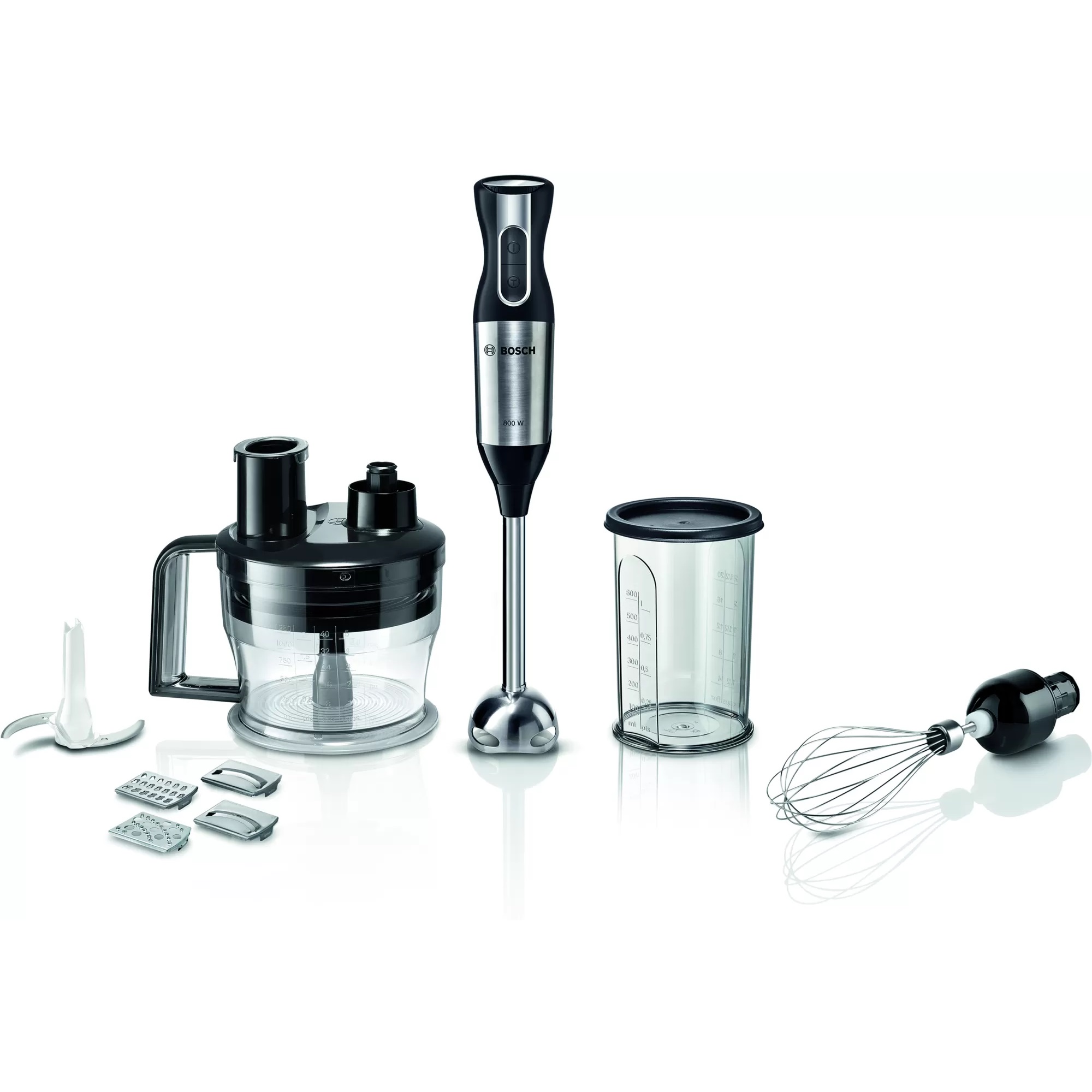 Блендер Bosch MS6CM4190 [800 Вт, скоростей - 12, турборежим, измельчитель, стакан, венчик, серебристый, черный]