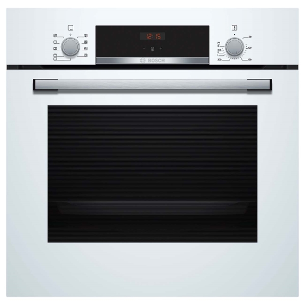 Электрический духовой шкаф Bosch Serie 4 HBF514BW0R [66 л, оч. паром, гриль, конв., сенсор, утапл. ручки, ст.-3, дисплей, белый, серебристый]