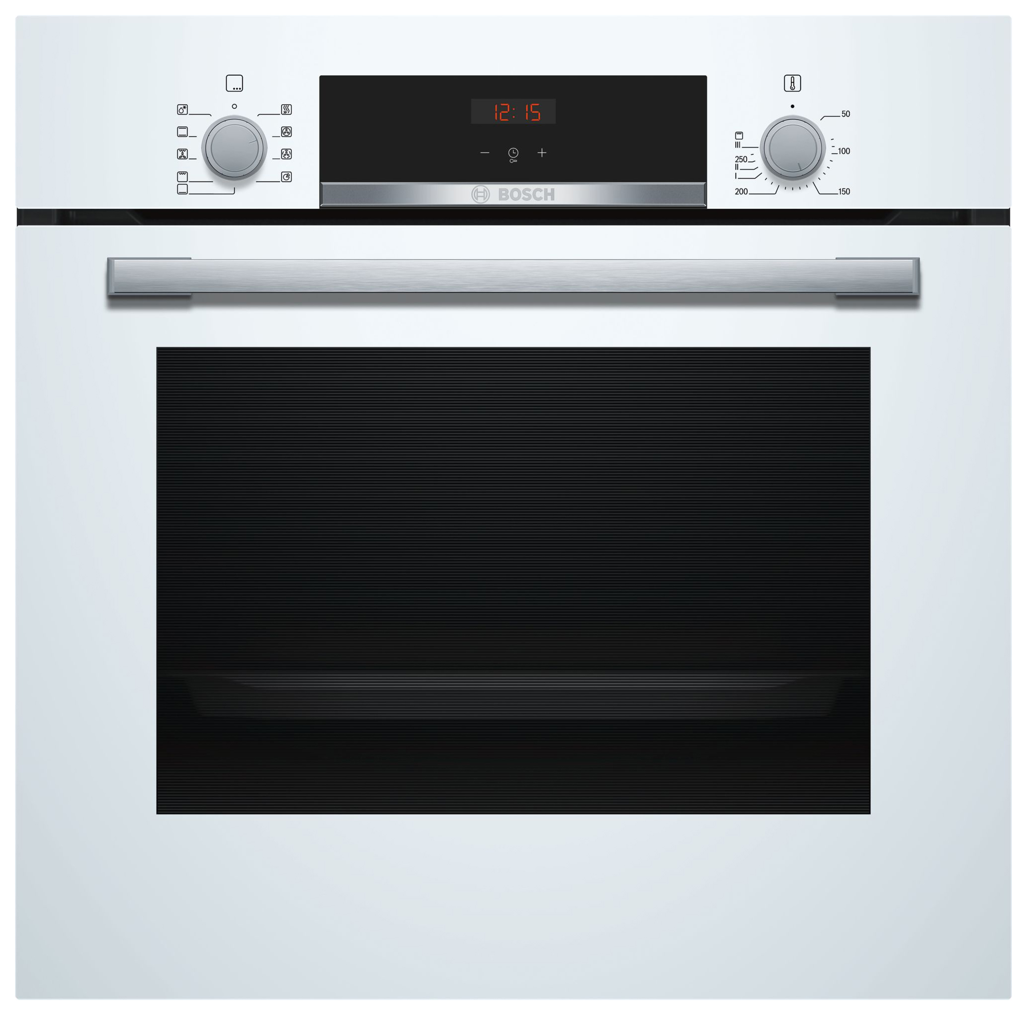 Электрический духовой шкаф Bosch Serie 4 HBF514BW0R [66 л, оч. паром, гриль, конв., сенсор, утапл. ручки, ст.-3, дисплей, белый, серебристый]