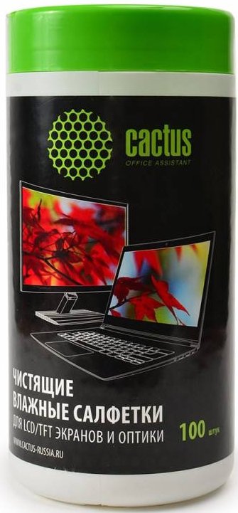 Влажные салфетки Cactus CS-T1001, 100 шт (туба) для экранов и оптики