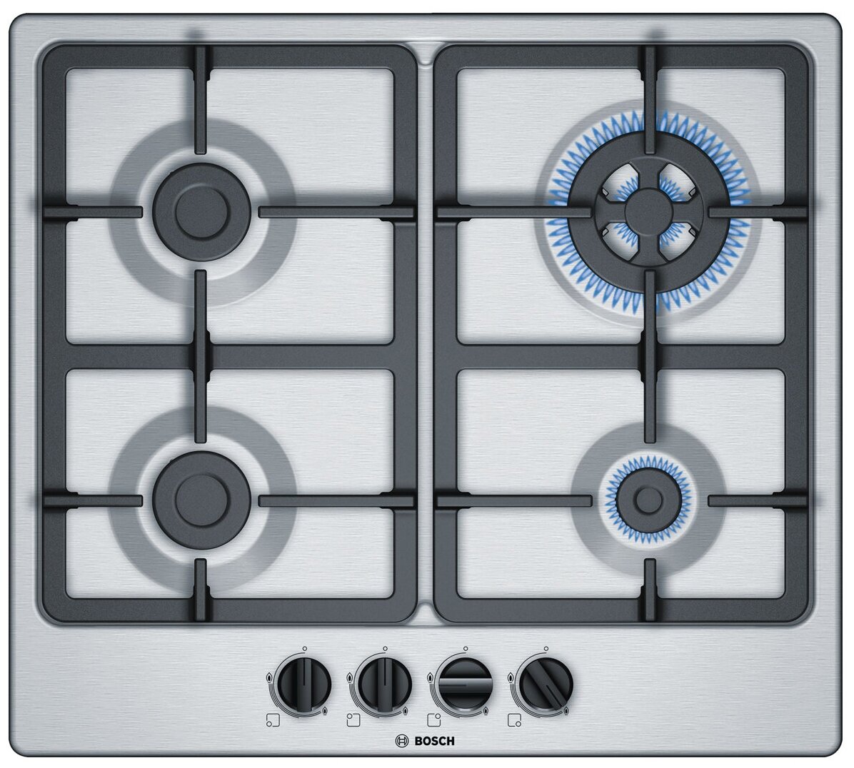 Газовая варочная поверхность Bosch PGH6B5B90 [нерж. сталь, конф.-4 шт, эл-поджиг., газконт., реш.-чугун, серебристый]