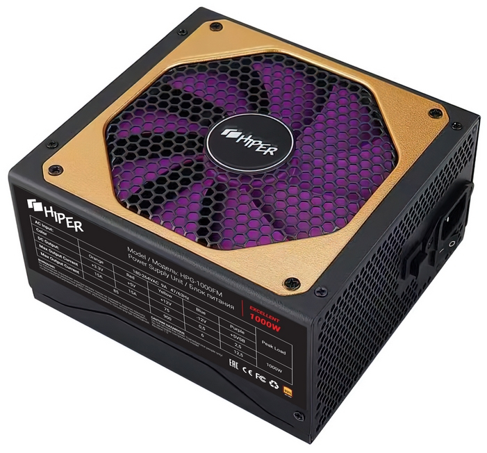 БП HIPER HPG-1000FM 1000W (80+ Gold, ATX2.31, APFC, 120mm fan) [HPG-1000FM]