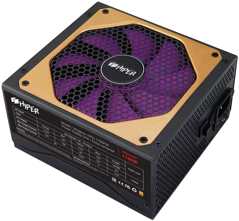 БП HIPER HPG-1100FM 1100W (80+ Gold, ATX2.31, APFC, 120mm fan) [HPG-1100FM]